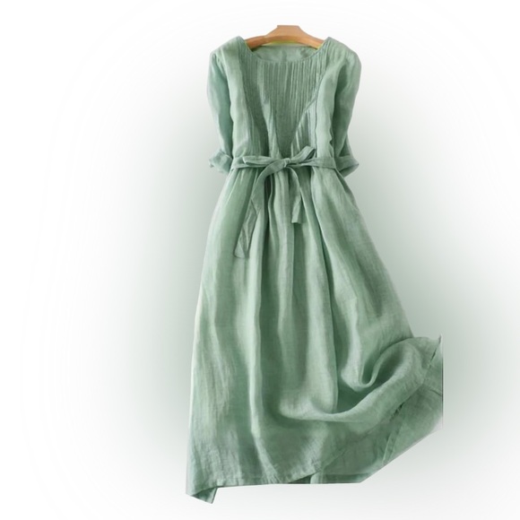 Dresses & Skirts - Modest and ComfyCotton Dress with 3/4 sleeves and Vertical Pleats Self Belt Med.